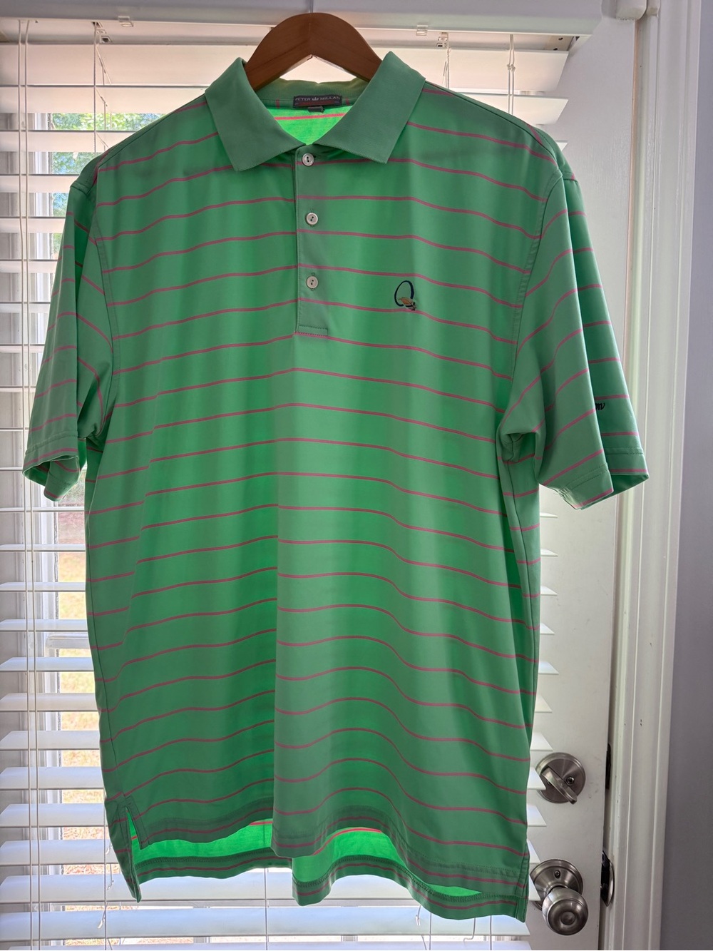 Peter Millar Summer Comfort Green Polo with Pink Stripes Quail Hallow Logo